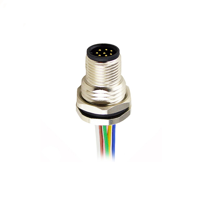 M12 8pins A code male straight front panel mount connector M16 thread,unshielded,single wires,brass with nickel plated shell